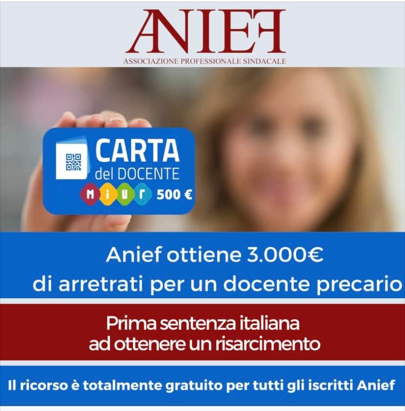 CARD DOCENTE – ANIEF: Sul diritto dei supplenti annuali ad avere la Carta del docente da 500 euro l’anno – Giustizia è fatta